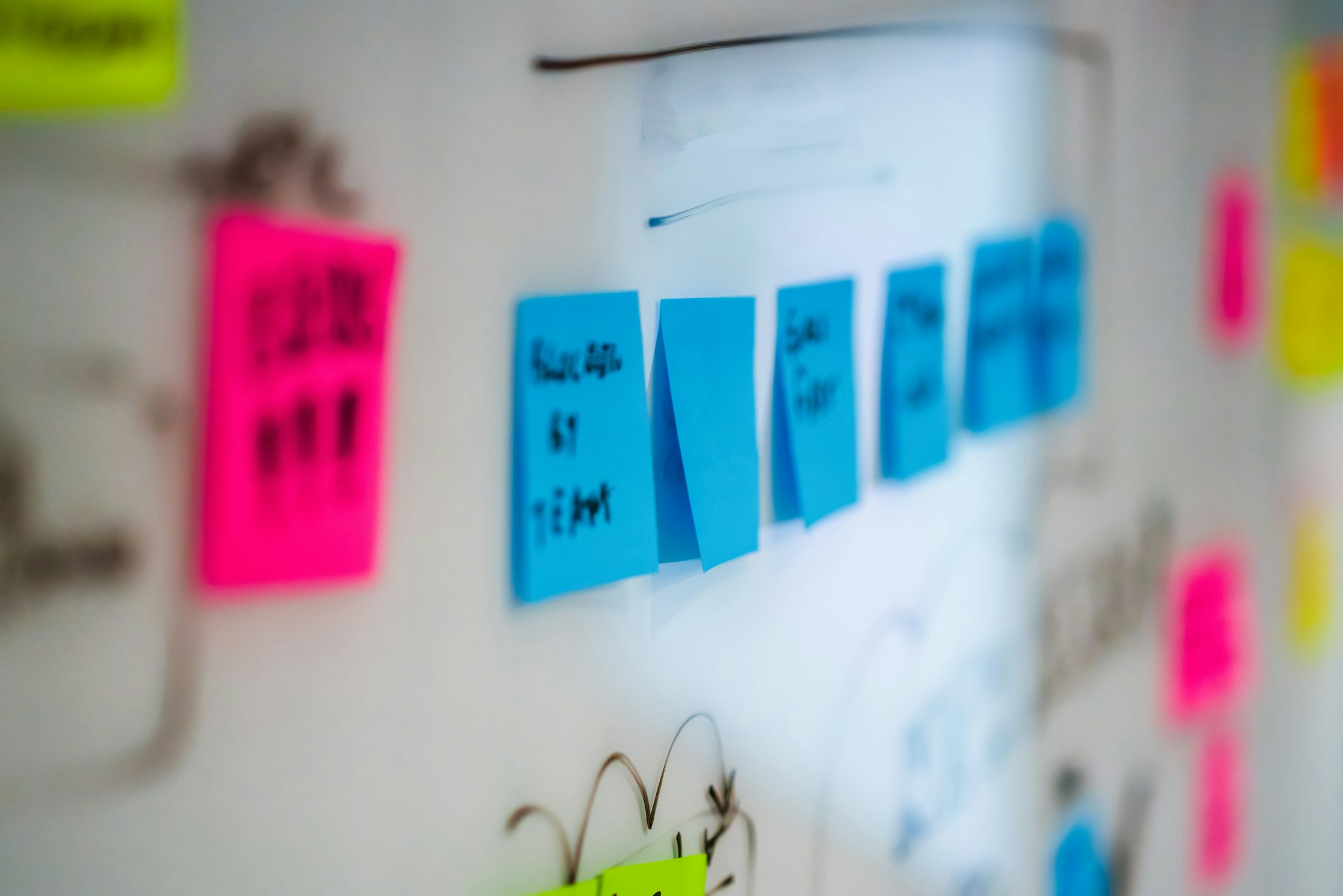 Color-coded sticky notes arranged on a workflow board